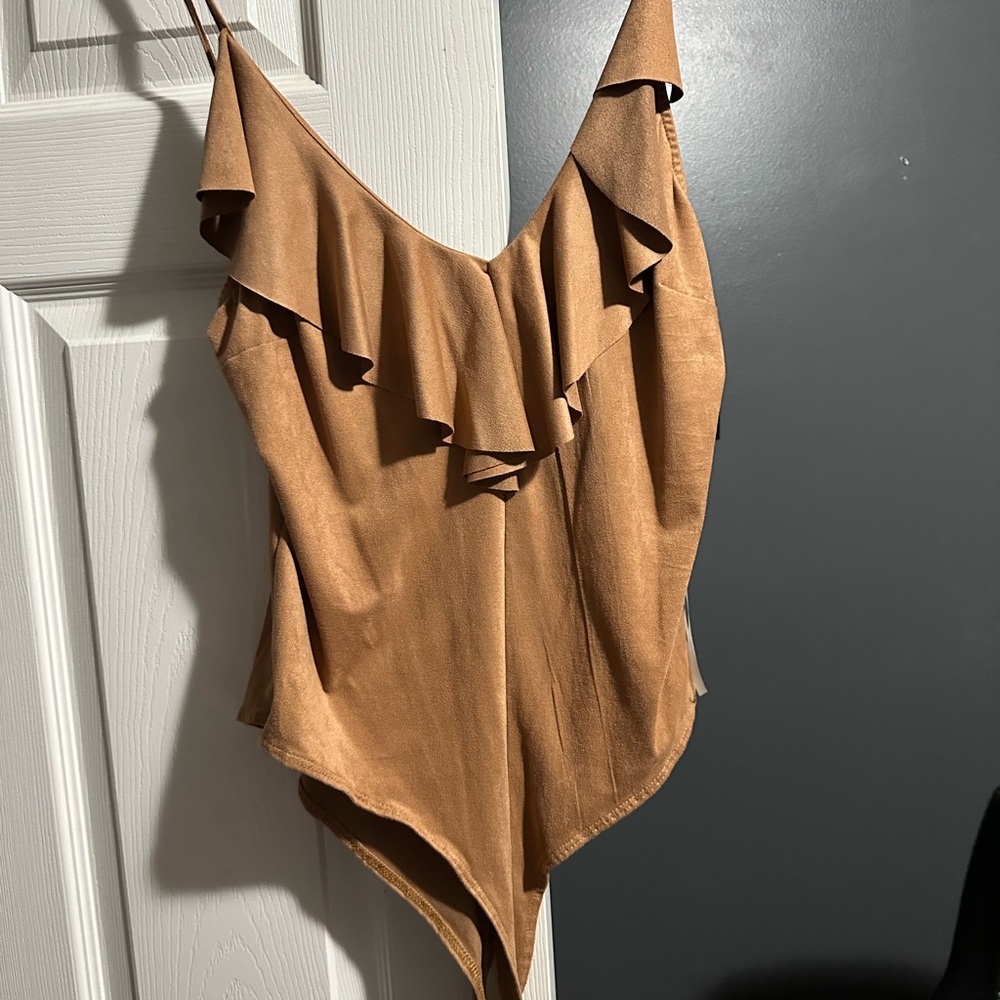 Tan Ruffled Sleeveless Bodysuit
